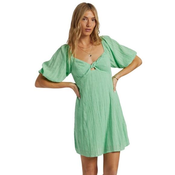 NWT Billabong Green Sol Puff Sleeve Boho Cut Out Mini Dress Size Medium - Picture 7 of 9